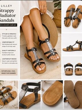 Lilley strappy gladiator sandals black and silver size 40